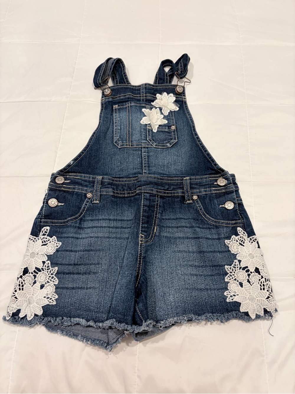 Jordache Dark Blue Denim Short Overalls with White Lace Appliqué